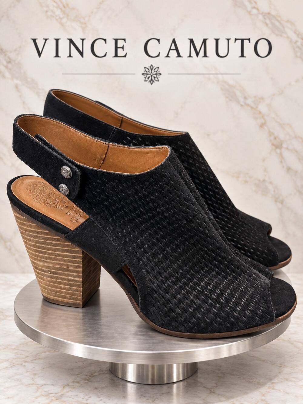 Vince Camuto Black Suede Woven Peep Toe Slingback Heels Size 9.5M